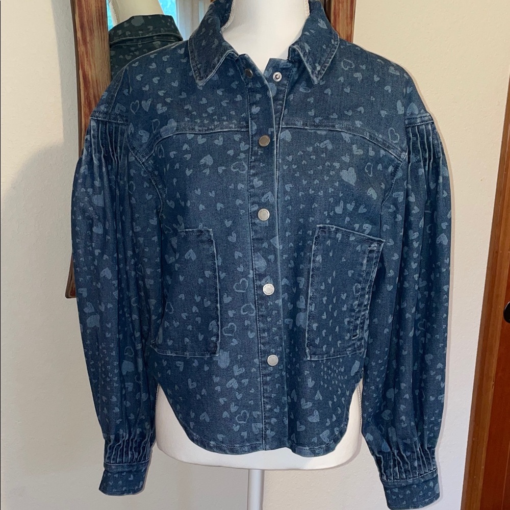 Avec Les Filles Blue Jean Jacket with Heart Pattern